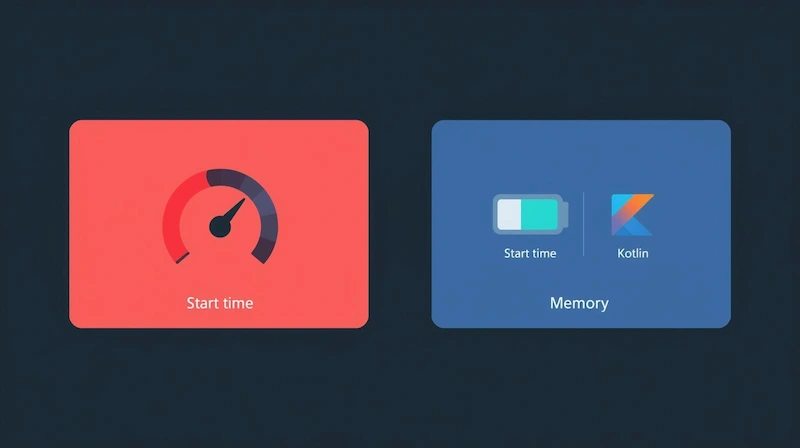 Design two comparison cards. Card 1: Flutter with speedometer and battery icons. Card 2: Kotlin Multiplatform with speedometer and battery icons. Add small captions: Start time, Memory. Clean flat visuals.